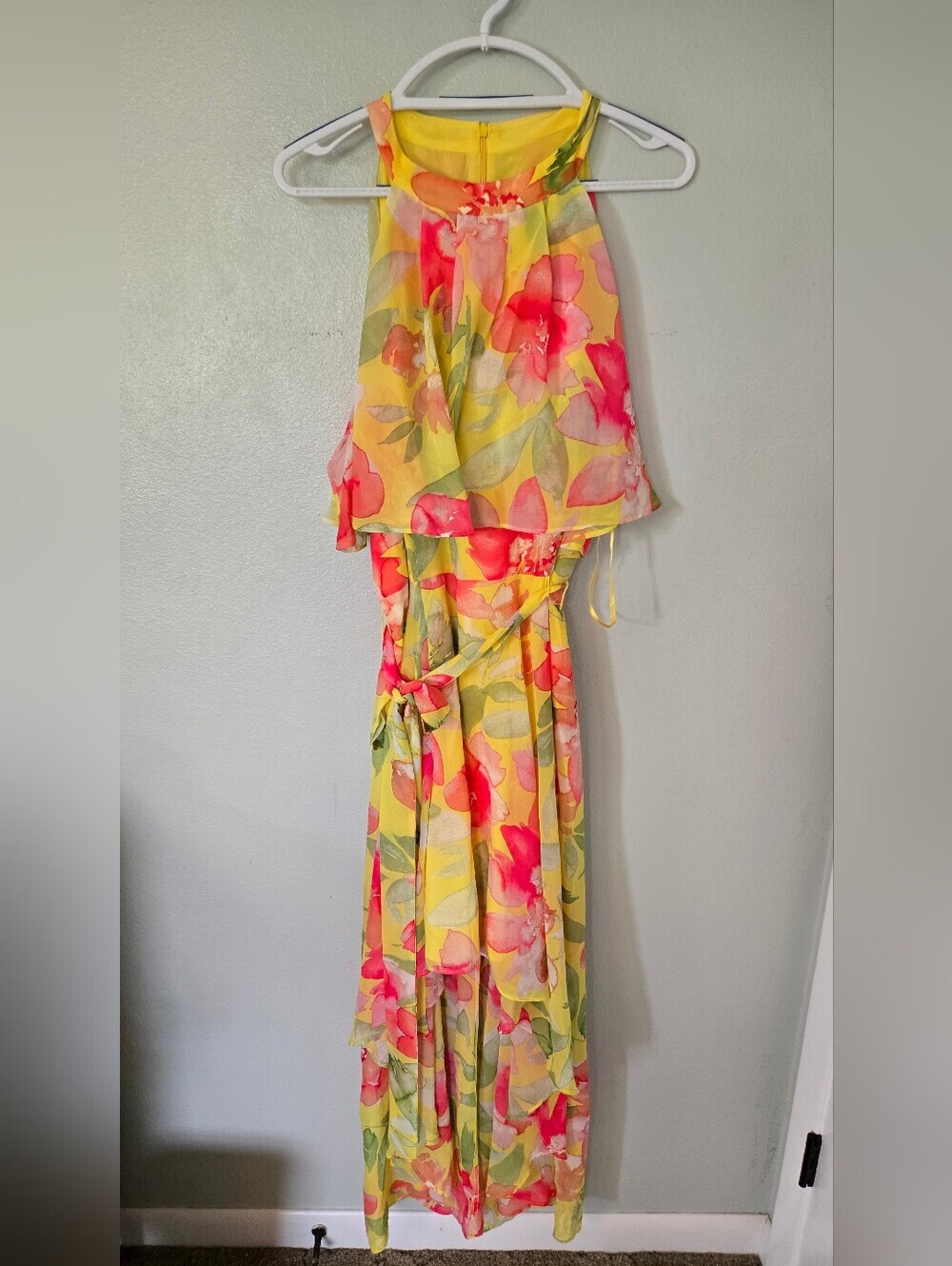 ELIZA J | NWT Yellow Pink Floral Halter Neck High Low Belted Dress Size 18 - Picture 3 of 13